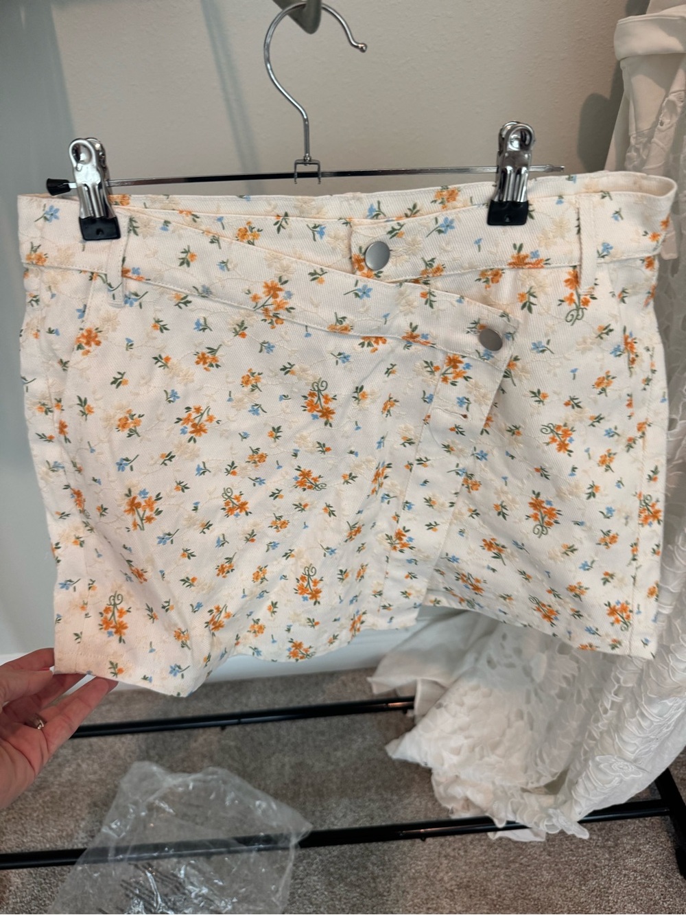 Vici Floral White Denim asymmetrical skort with Orange & Blue Blossoms